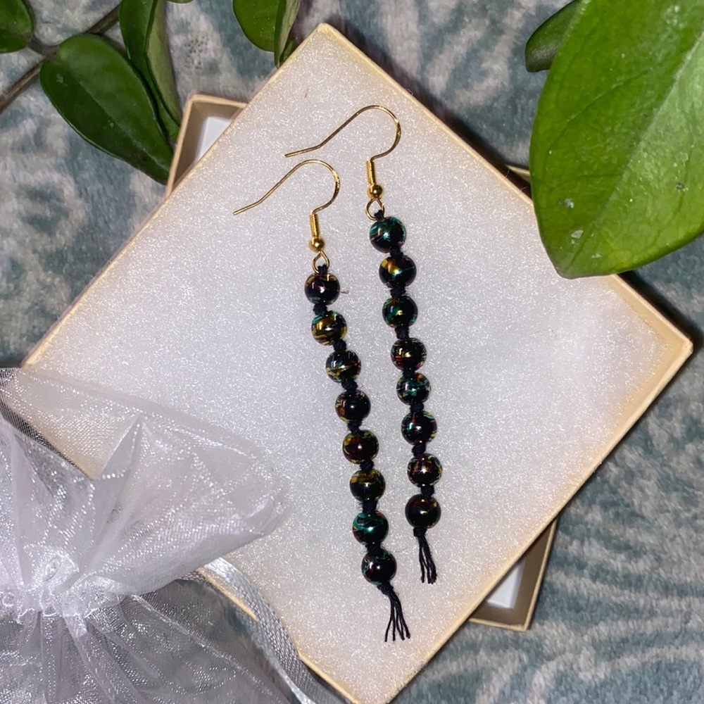 Rasta Theme Hand Crafted Macrame Style Beaded Fringe Gold Toned Dangle Earrings